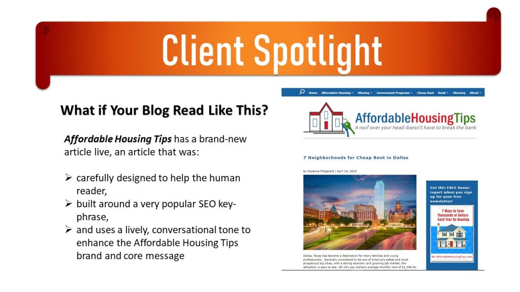 Fitz'n'Jammer Client Spotlight: What if Your Blog Read Like This? Affordable Housing Tips has a brand-new article live, an article that was: carefully designed to help the human reader, built around a very popular SEO key-phrase, and uses a lively, conversational tone to enhance the Affordable Housing Tips brand and core message